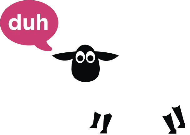 Illustration of a sheep with a speech bubble saying "duh".