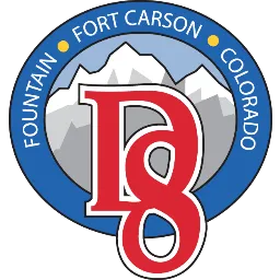 Circular logo with mountains, "Fountain Fort Carson Colorado" text, and red "D8" in the center.