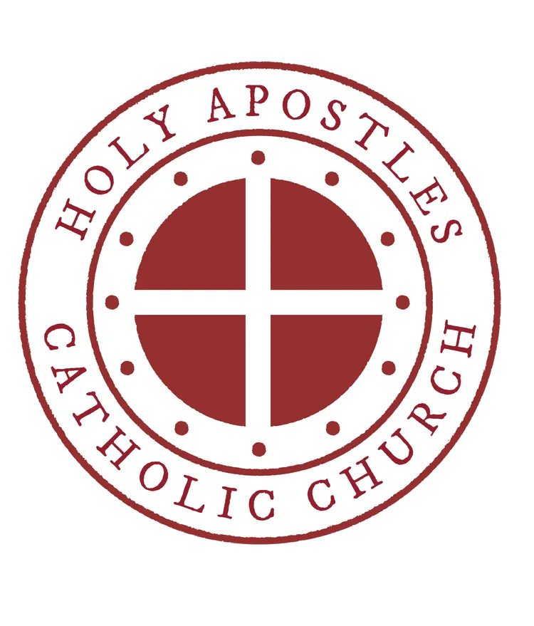 Red and white circular logo for Holy Apostles Catholic Church with a cross and dots.