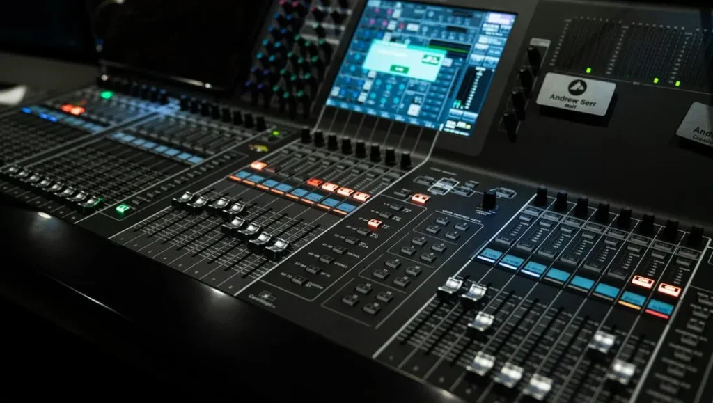 Audio mixing console with illuminated buttons and digital displays.