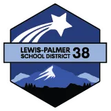Hexagonal logo for Lewis-Palmer School District 38 featuring a shooting star and mountain silhouette.