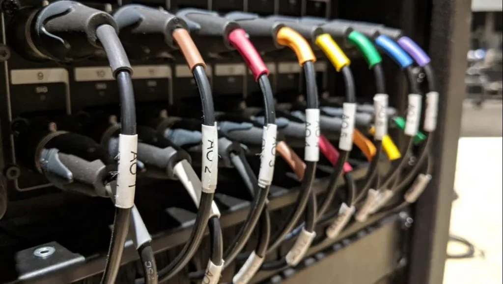 Audio cables connected to a sound panel with colored tabs and labels.
