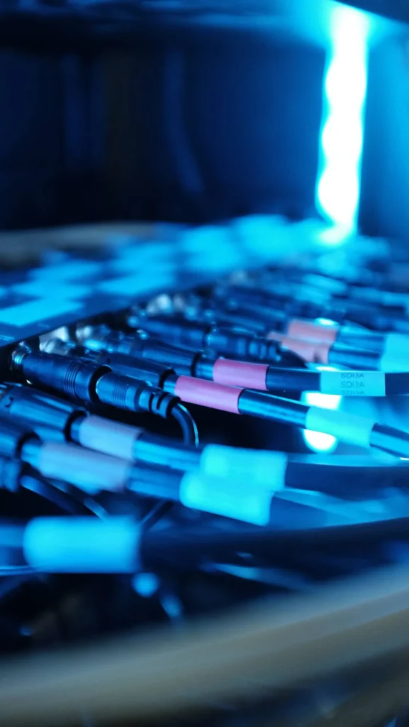 Close-up of organized audio and visual cables illuminated by blue lighting for installation and maintenance.