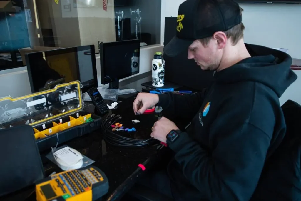 Man working on cable connections at a desk with tools and monitors.
